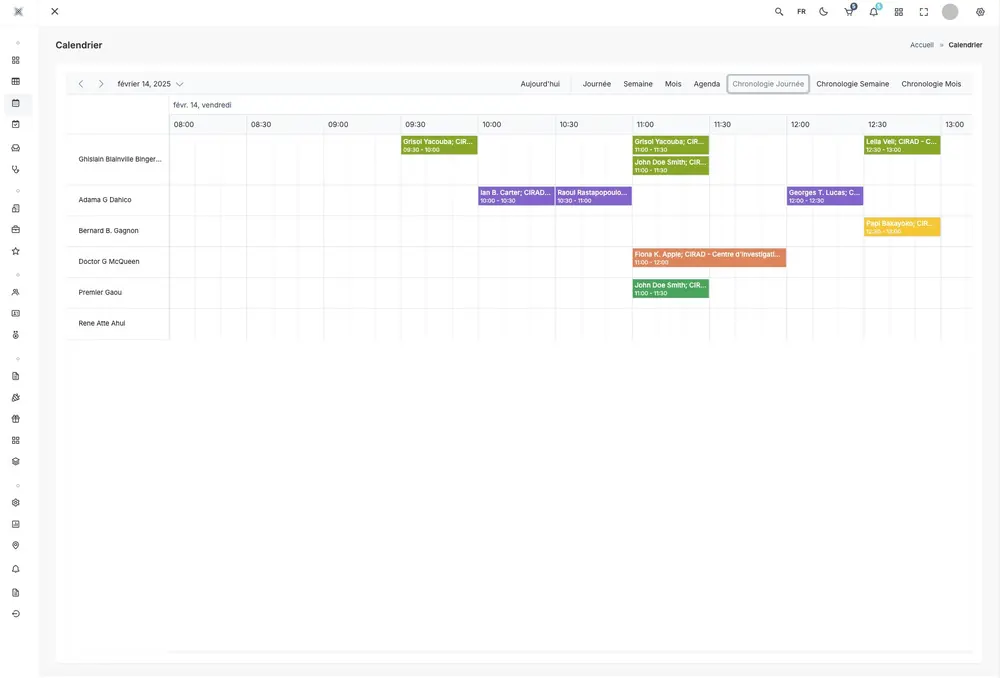 A week view in ayanaEHR, appointments blocked out in colour across practitioners and hours.